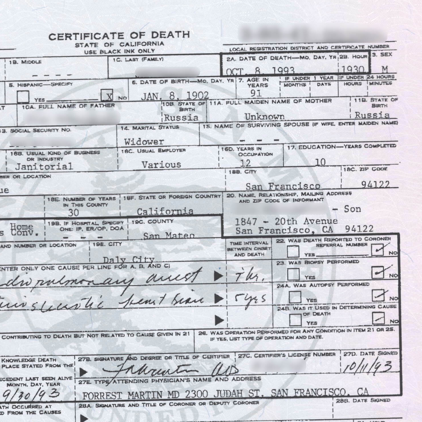 A fragment of a death certificate issued in the US