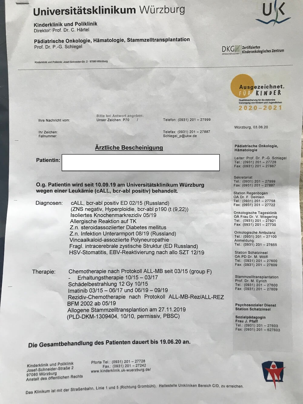 A medical certificate in German before translation